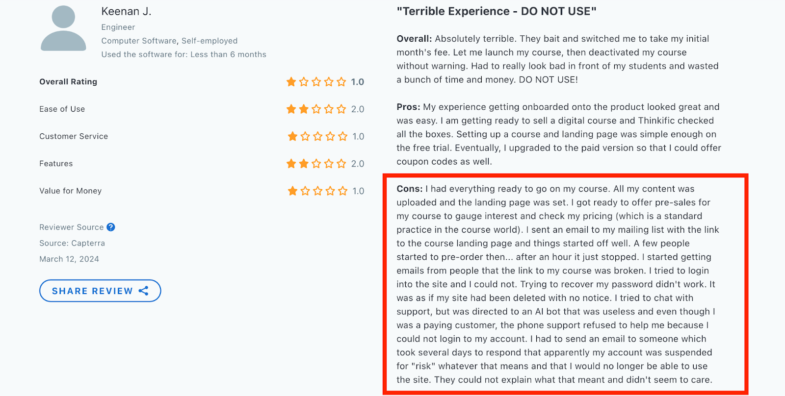 A Thinkific review highlighting multiple glitches